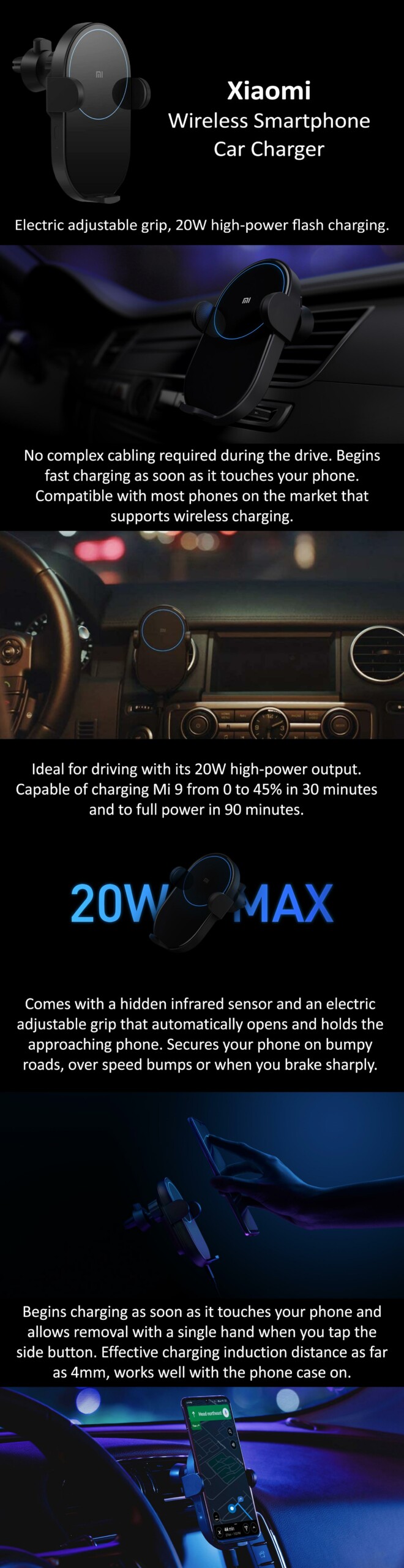 Xiaomi Mi Wireless Car Charger - 20W Fast Charging, Automatic Opening Arm, Dual Cooling System, 2.5D Glass with Blue Ring Light