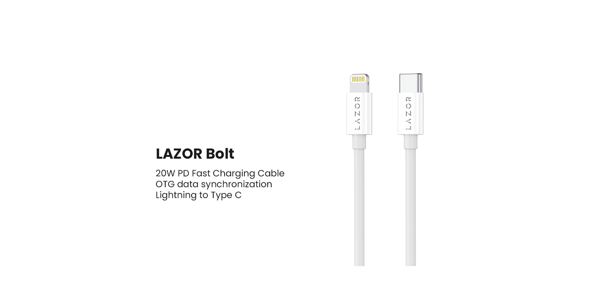 LAZOR Bolt CL76: Type-C to Lightning 20W PD Fast Charging Cable, OTG Data Synchronization, SR Cable Bending Control - Gray, 1M