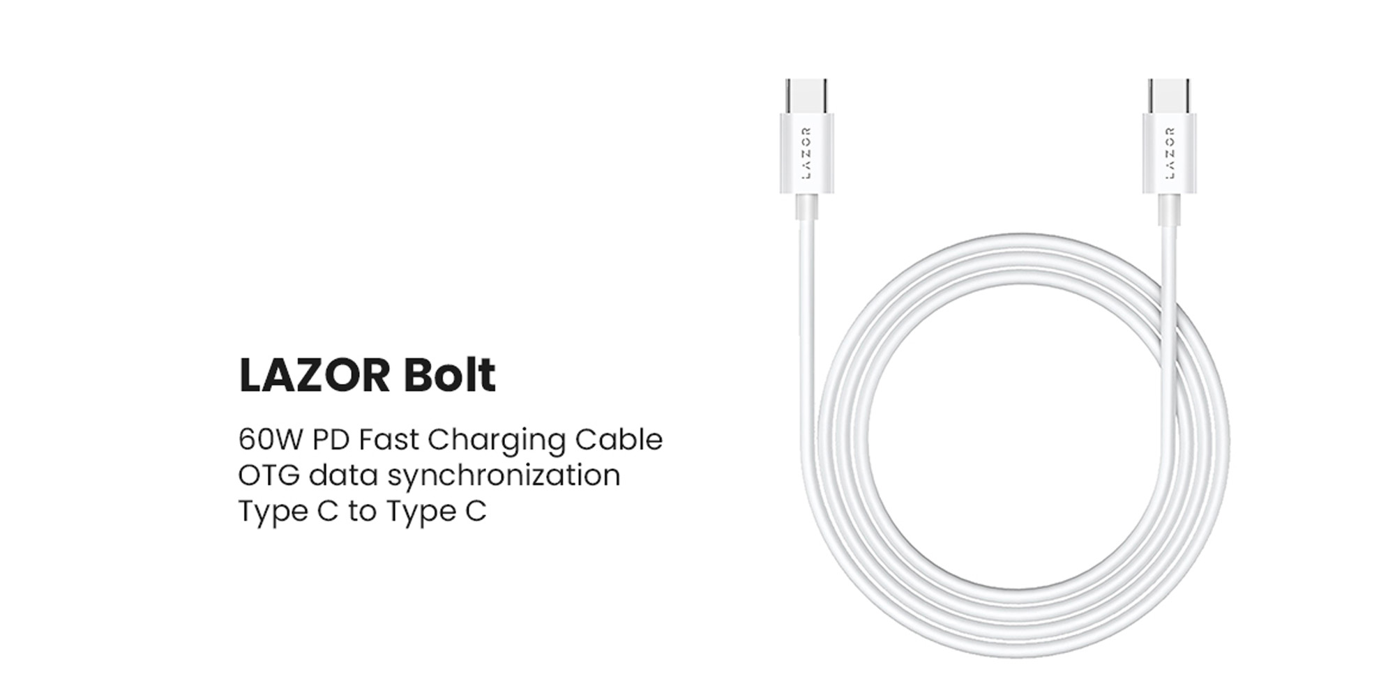 LAZOR Bolt CT76: Type-C to Type-C 60W PD Fast Charging Cable, OTG Data Synchronization, SR Cable Bending Control - Gray, 1M