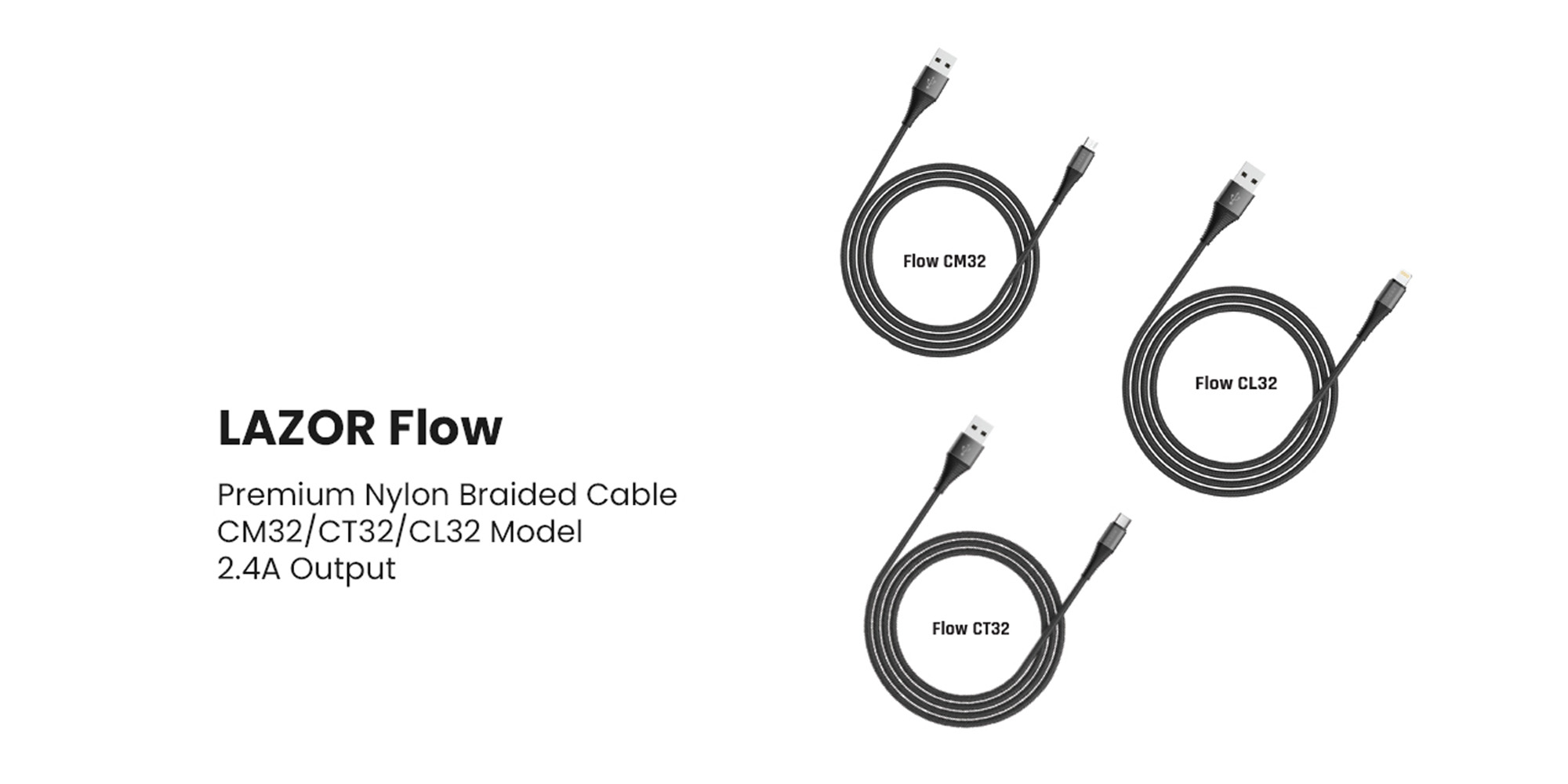 LAZOR Flow CL32: USB-A to Lightning Fast Charging Cable, Premium 1 Meter, 2.4A Fast Sync and Charge Cable - Black