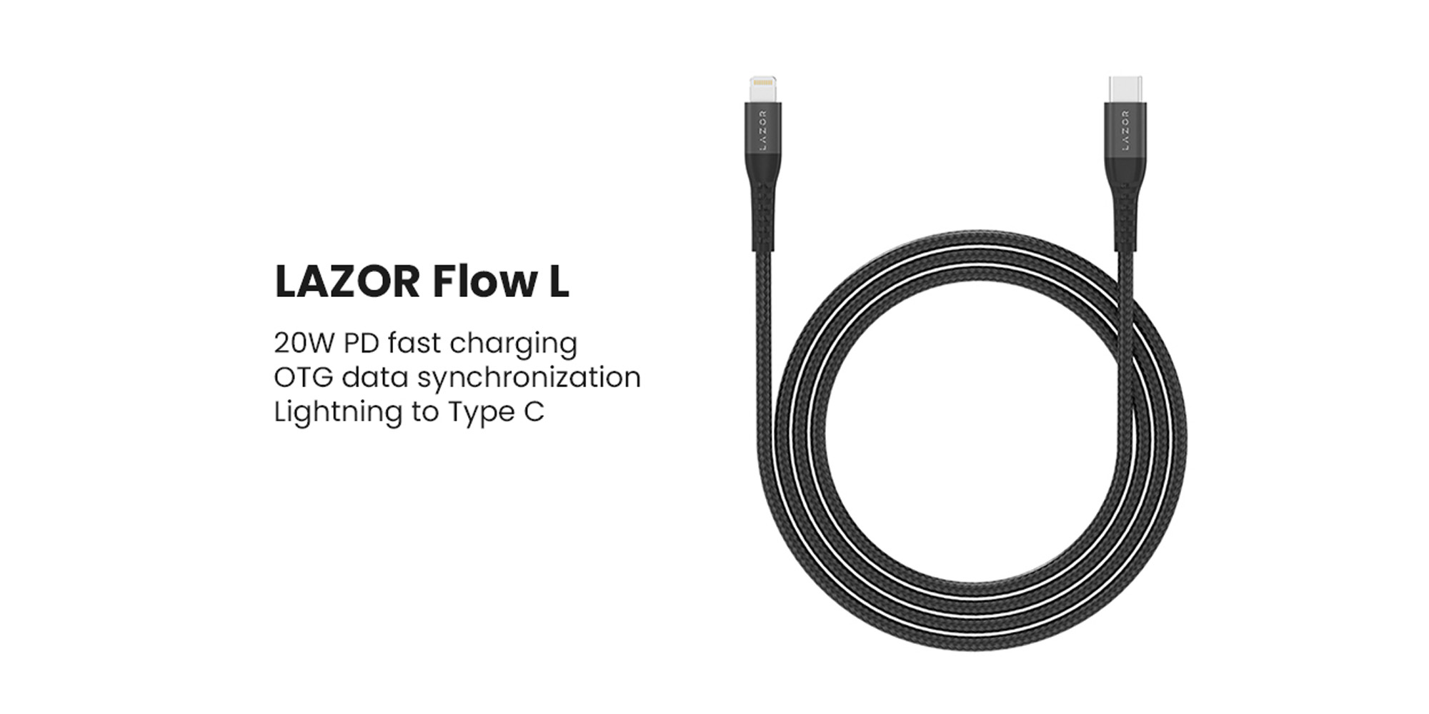 LAZOR Flow L CL90: Type-C to Lightning 20W PD Fast Charging Cable, OTG Data Synchronization, Flexible TPE Material - 3M, Black