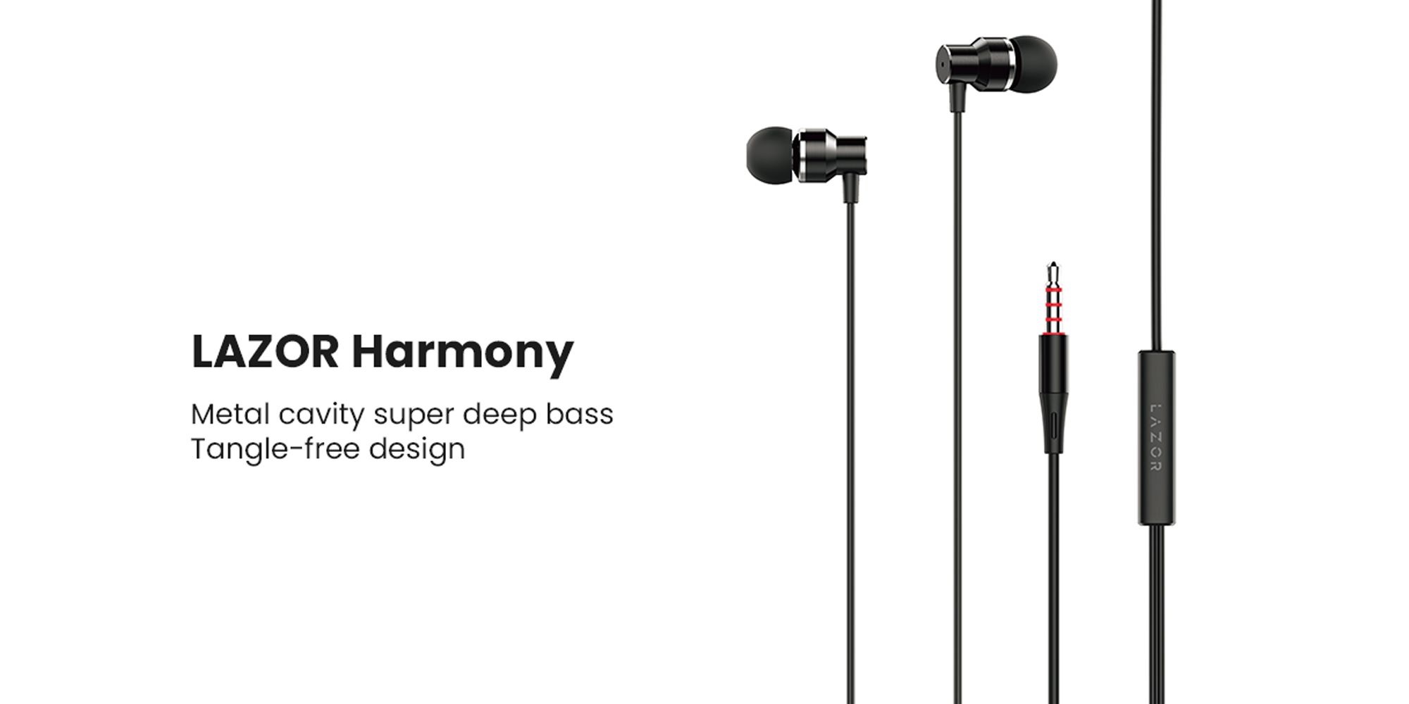 LAZOR Harmony EA36: In-Ear Wired Headphones, 3.5mm Jack, Premium Metallic Hi-Fi Stereo with Built-in Mic, Comfortable Secure Fit Earbuds - Black, 1.2m