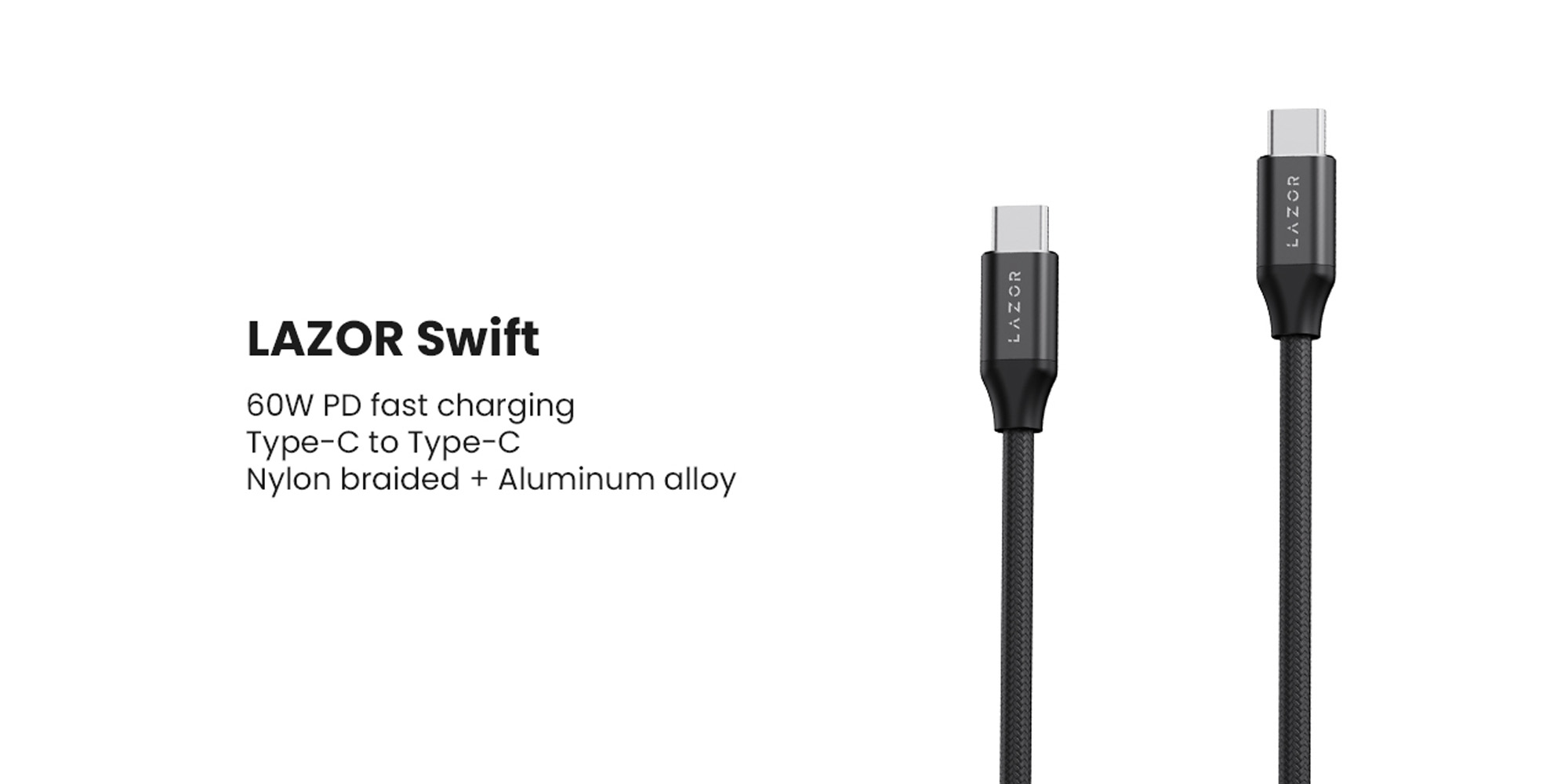 LAZOR Swift CT29: Type-C to Type-C 60W PD Fast Charging Cable, 196 Copper Wire Wrapped, White Gold-Plated Connector, Strong Kevlar Material - 3M, Black
