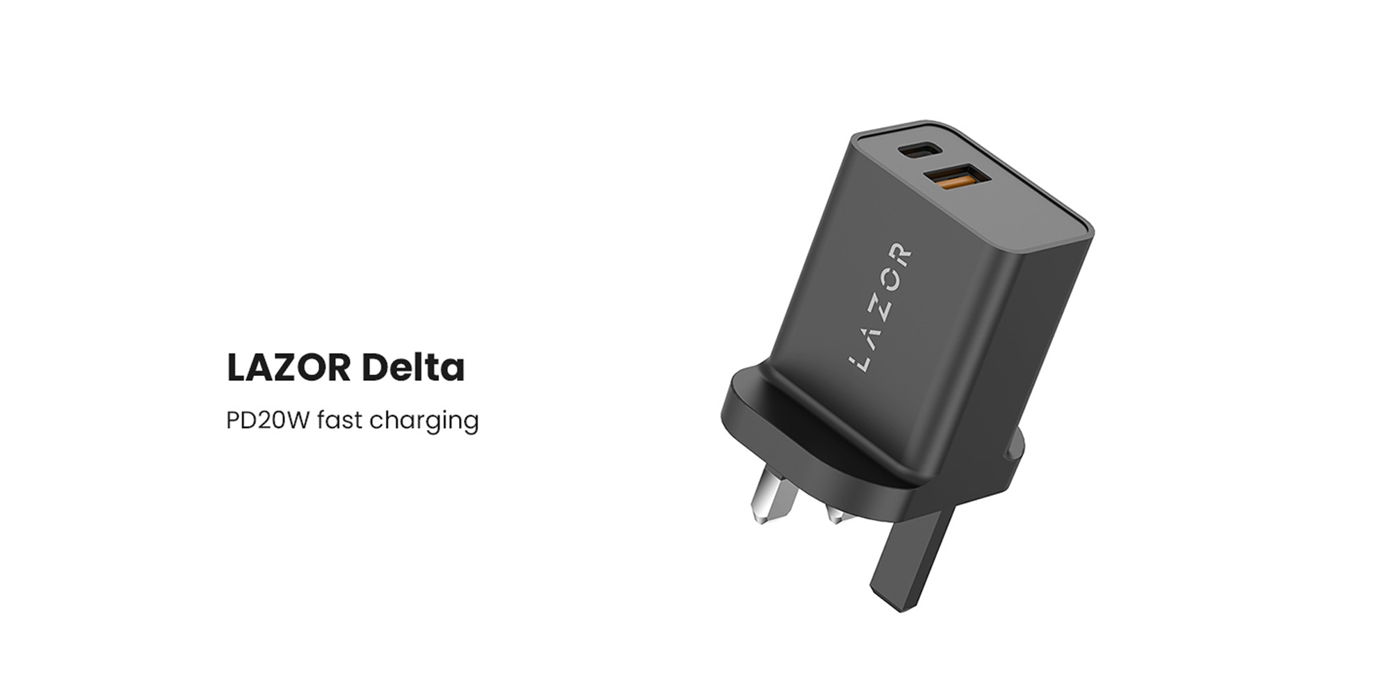 Lazor Delta AD26: 20W Super Fast Wall Charger with Smart Identification, SCP (Self Charging Protection), PD &amp; QC, Inner Protection, USB &amp; Type-C Output - Black