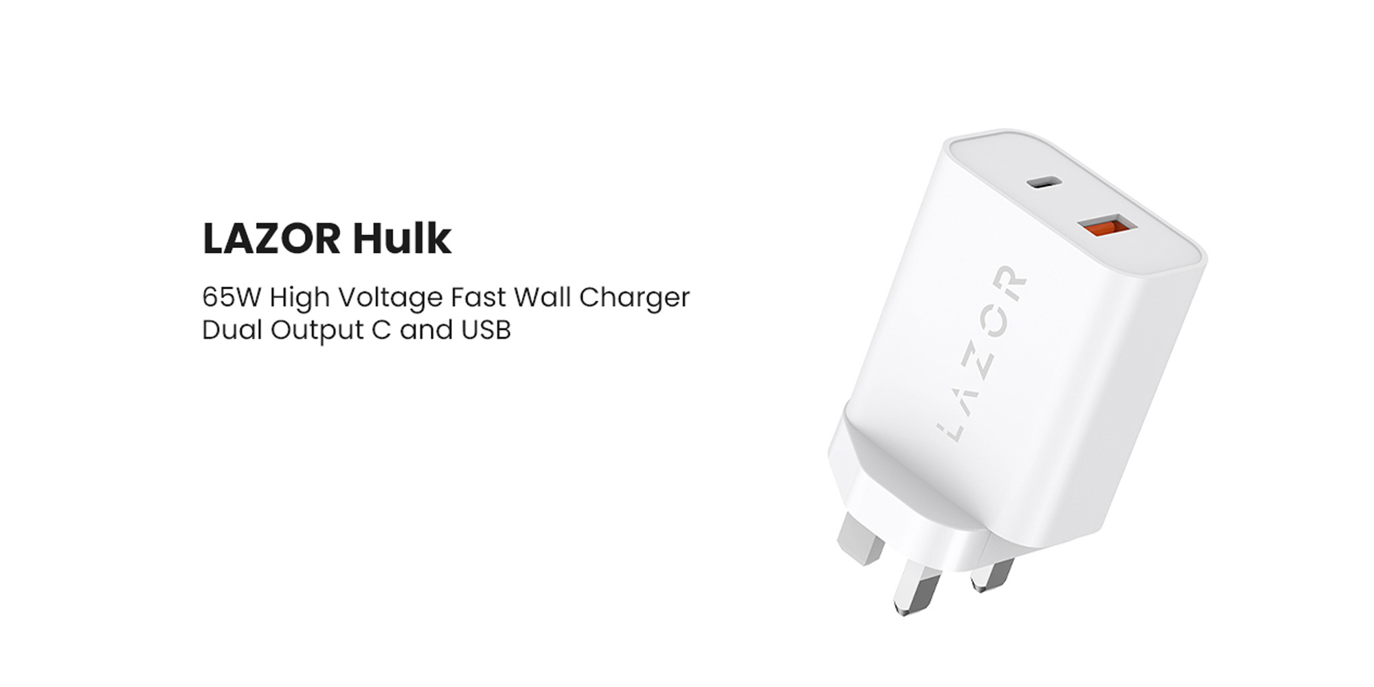 Lazor Hulk AD89: 65W Super Fast Wall Charger with Smart Identification, SCP (Self Charging Protection), QC &amp; PD Compliance, High Voltage Input, Inner Protection, USB &amp; Type-C Output - Black