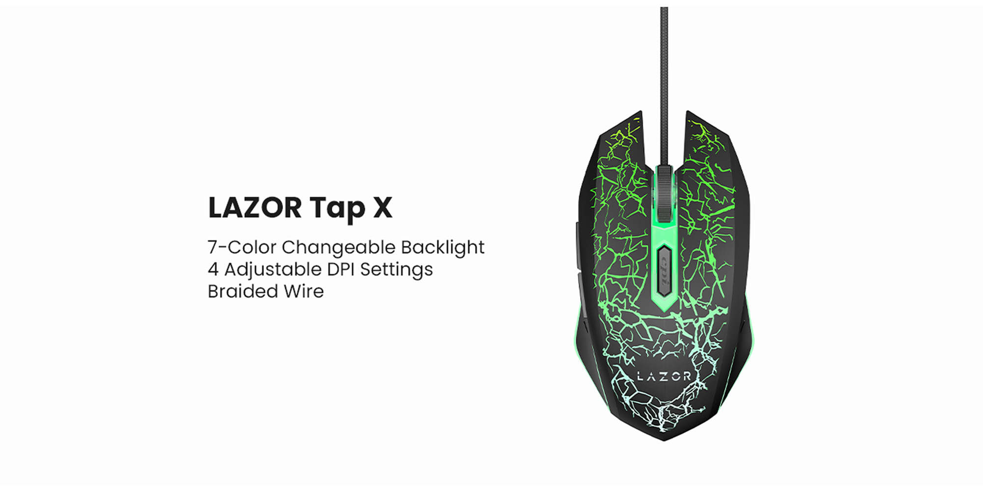 LAZOR TAP-X GM03C: Professional Gaming Mouse with 4 Adjustable DPI Settings, 7-Color Changeable Backlight, USB Wired - Black, 1.5M