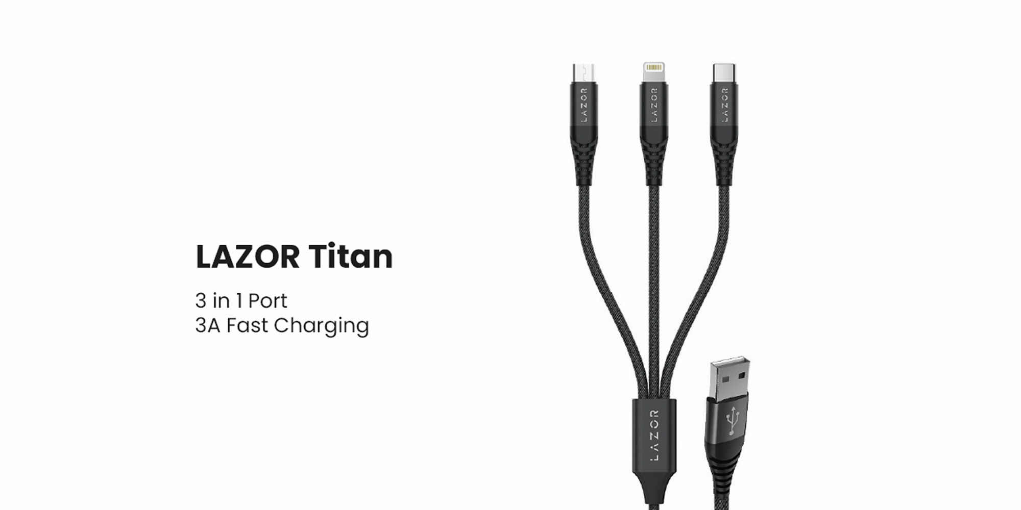 LAZOR Titan C58: 3-in-1 Fast Charging Cable with 3A Fast Charging, OTG Data Synchronization, Durable Nylon Braided Wire - 1 Meter
