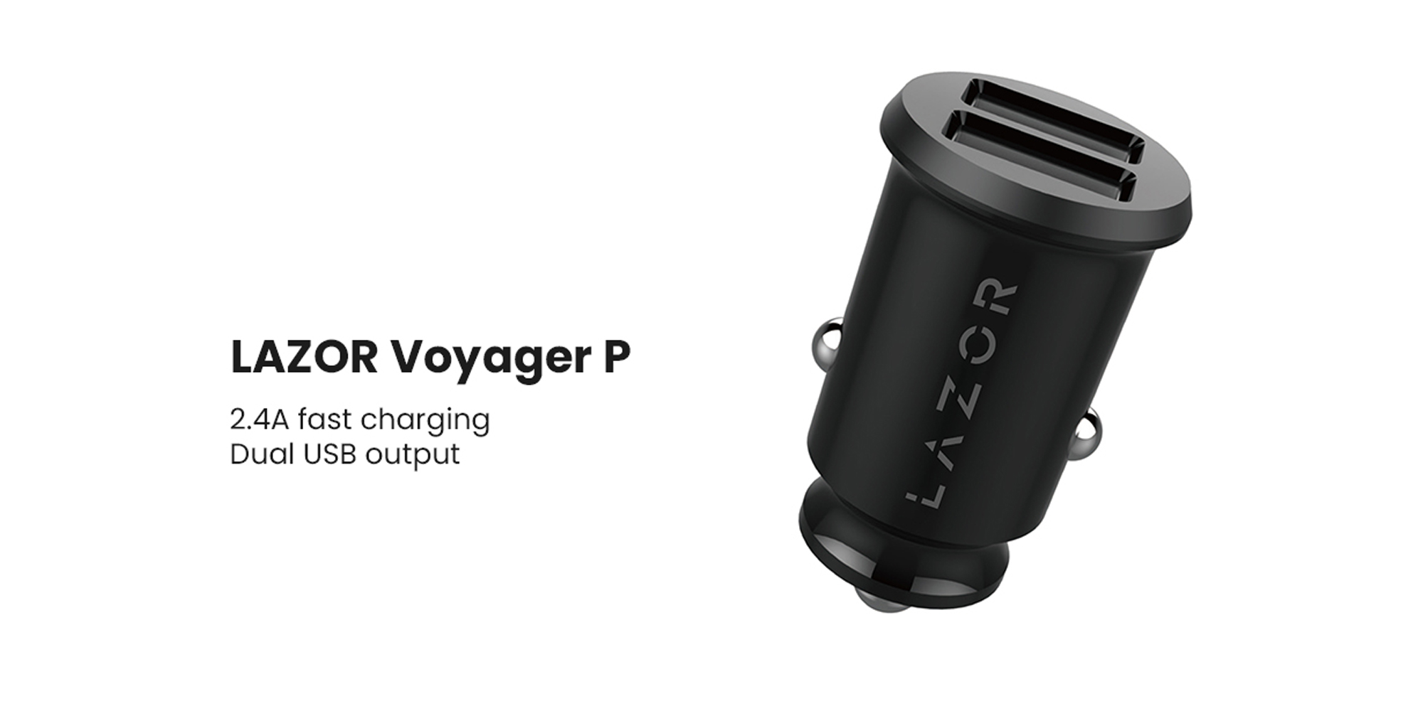 LAZOR Voyager P CC13: Compact Car Charger with 1M Lightning Cable, Carbon Fiber Texture, Dual USB Output, Multi-Protection - Black