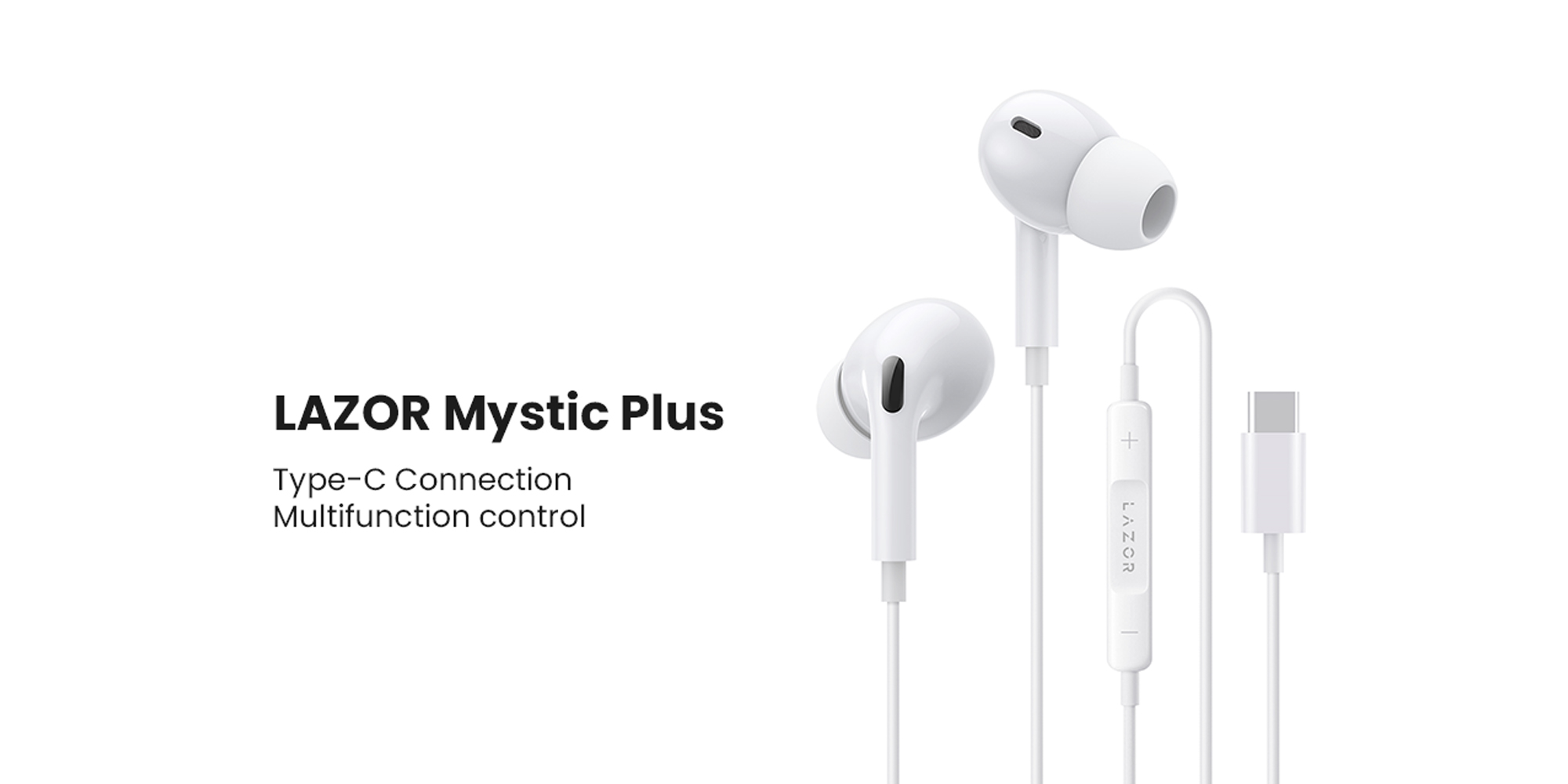 LAZOR MYSTIC Plus EA162: Type-C In-Ear Wired Headphones with Microphone, HiFi Stereo Sound, In-Line Control, Soft PVC with Stereo Sound Driver - White, 1.2M
