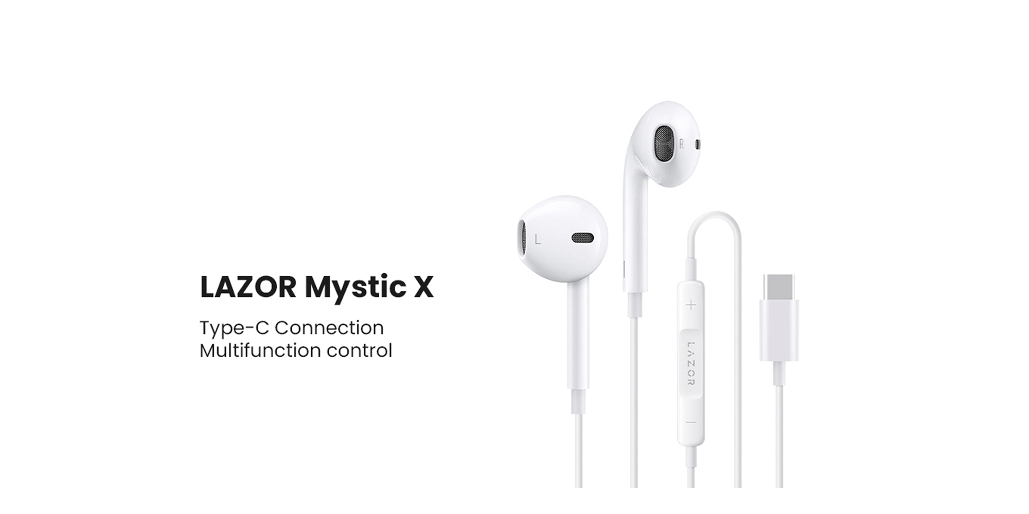 LAZOR MYSTIC X EA130: Type-C Wired Headphones with Microphone, HiFi Stereo Sound, In-Line Control, Soft PVC with Audio Digital Decoding IC, Multifunction Button - White, 1.2M