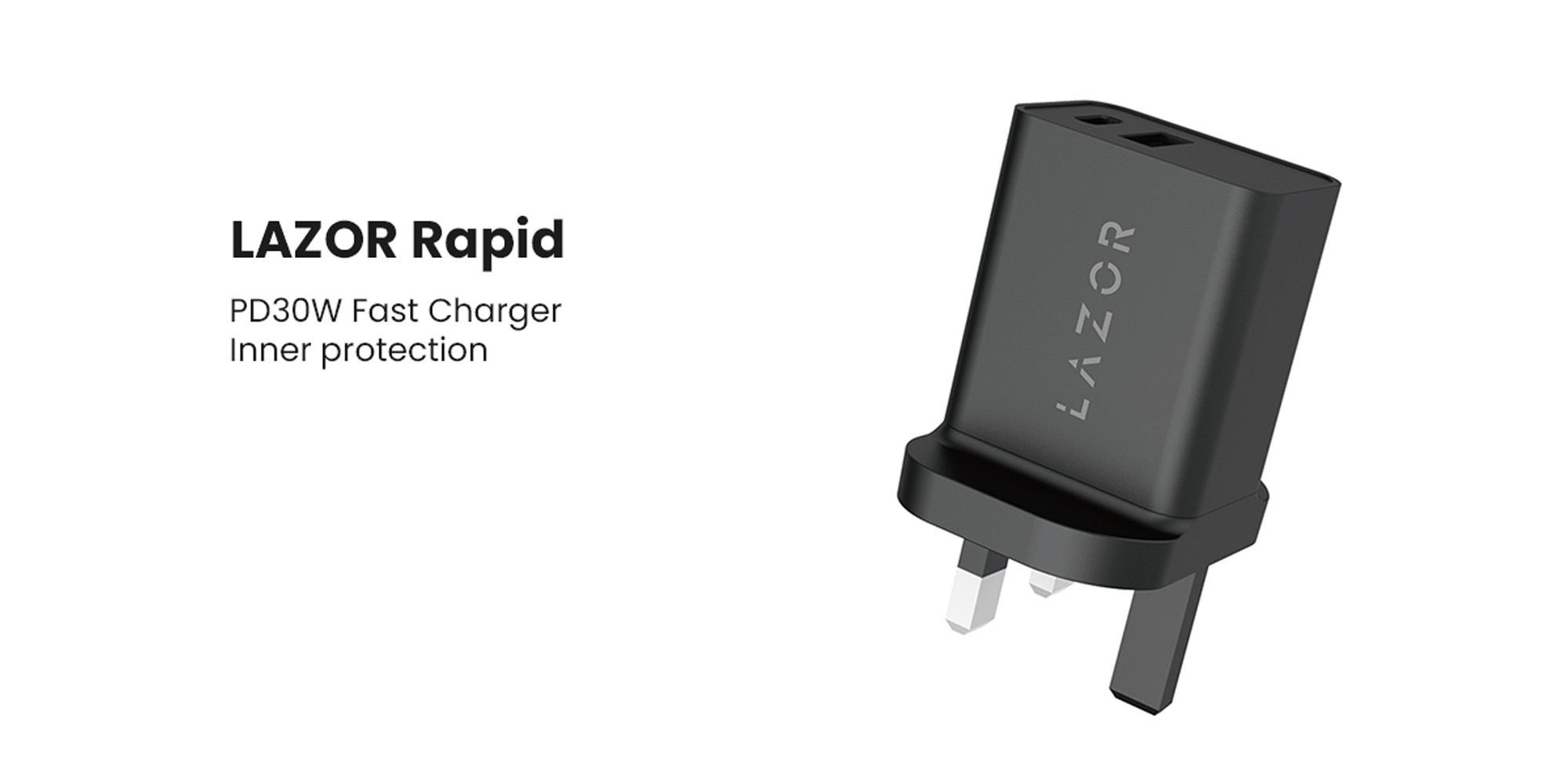 Lazor Rapid AD28: 30W Super Fast Wall Charger with Smart Identification, SCP (Self Charging Protection), PD &amp; QC, Inner Protection, USB &amp; Type-C Output - Black