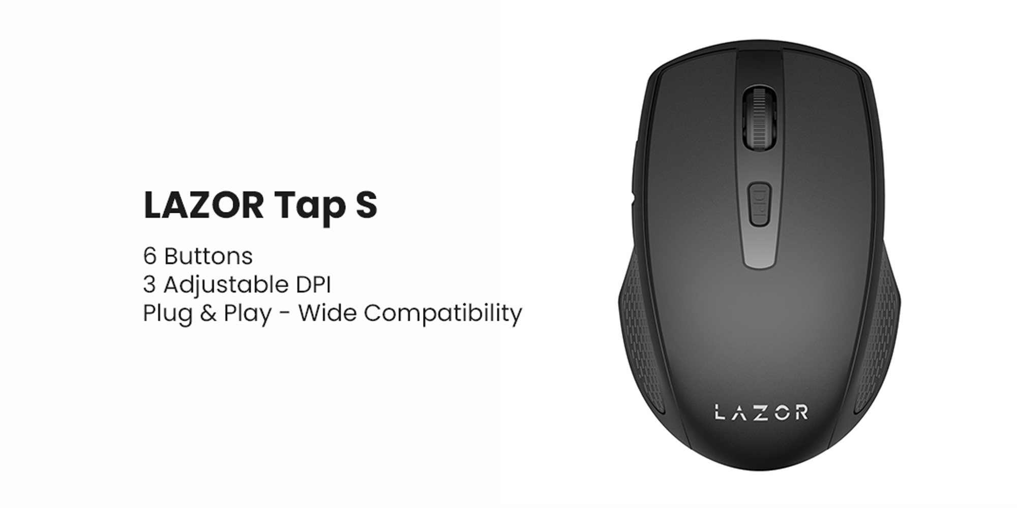 LAZOR Tap-S WM02C: Wireless Mouse, Ergonomic PC Mouse with USB Receiver, 3 DPI Adjustable (800-1200-1600), 6 Buttons, Up to 10M Wireless Connection, Ultra-Fast Scroll - Black