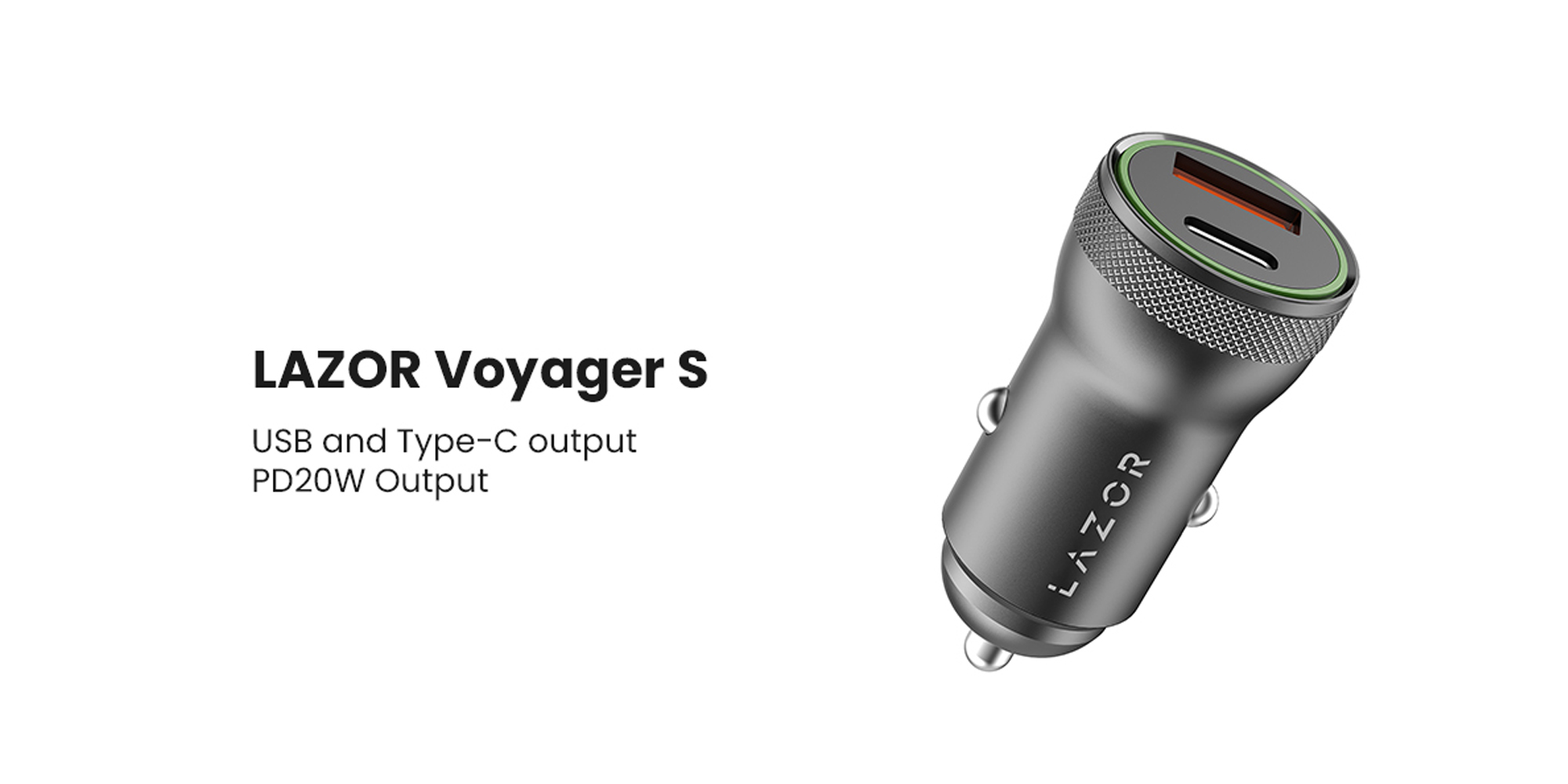 LAZOR Voyager S CC20 : PD Fast Car Charger, 20W, Aluminium Alloy, Dual Output (Type-C &amp; USB-A), Multiple Protections, Fully Compatible with PD Fast Charging - Gun-Silver