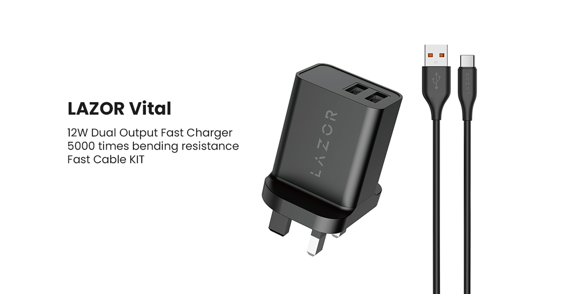 Lazor Vital AD29-T Charger Set: Dual USB Output, Fast Charging 2.4A, Type-C Wire, Inner Protection