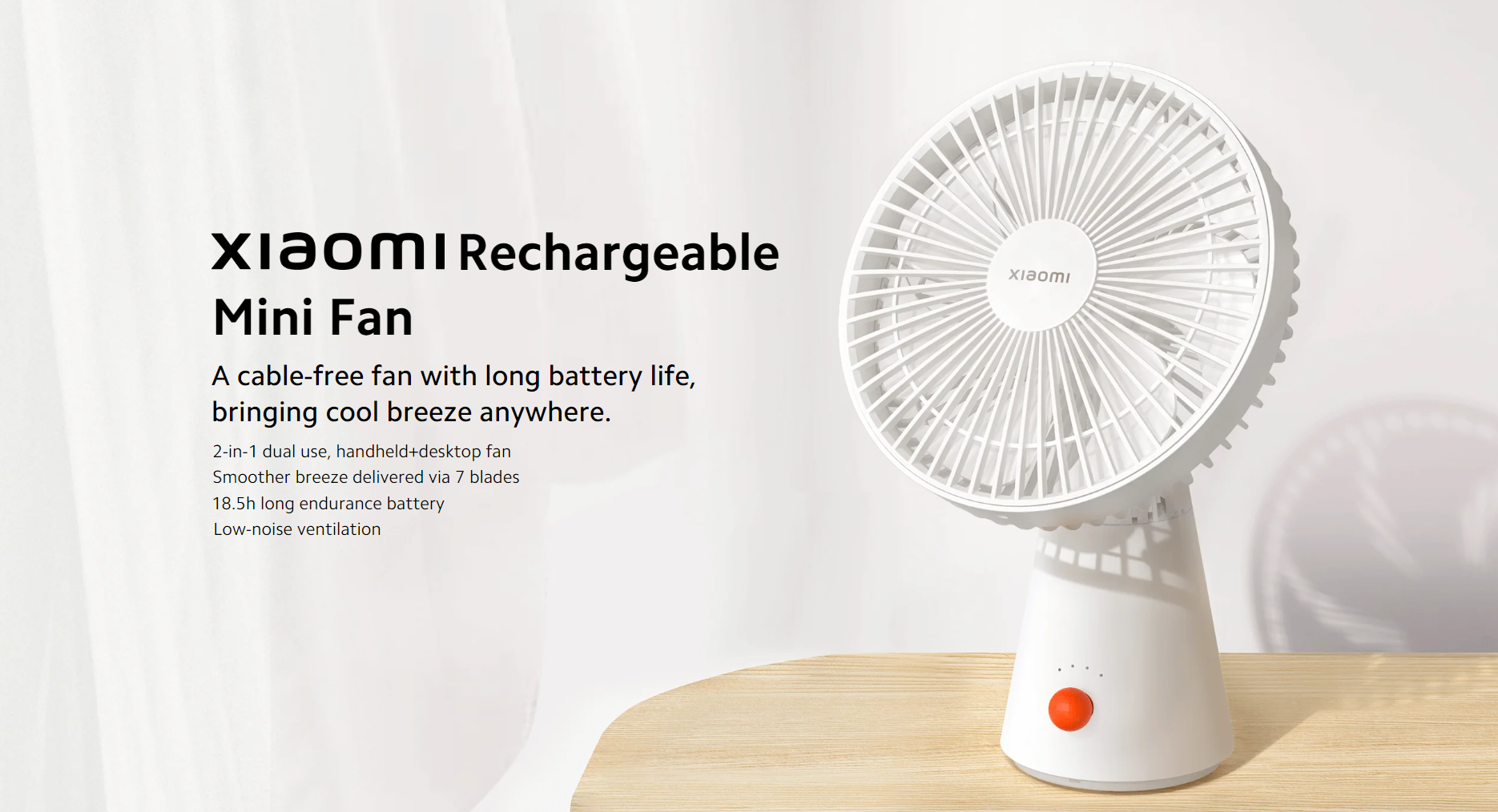 Xiaomi Rechargeable Mini Fan: 4 Speeds, 4000mAh Battery, 18.5 Hours Runtime